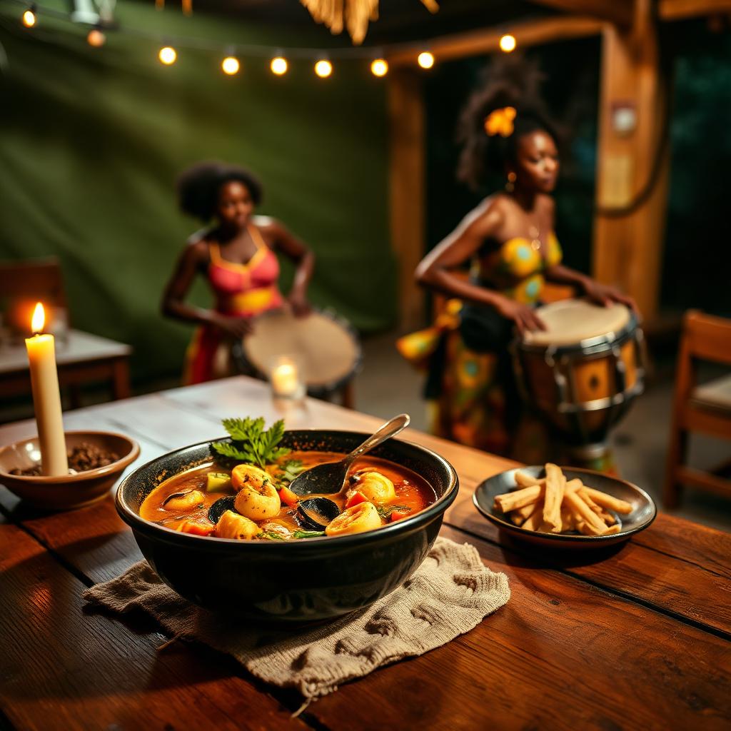 A bowl of Bahian moqueca with samba drummers and dancers behind it
