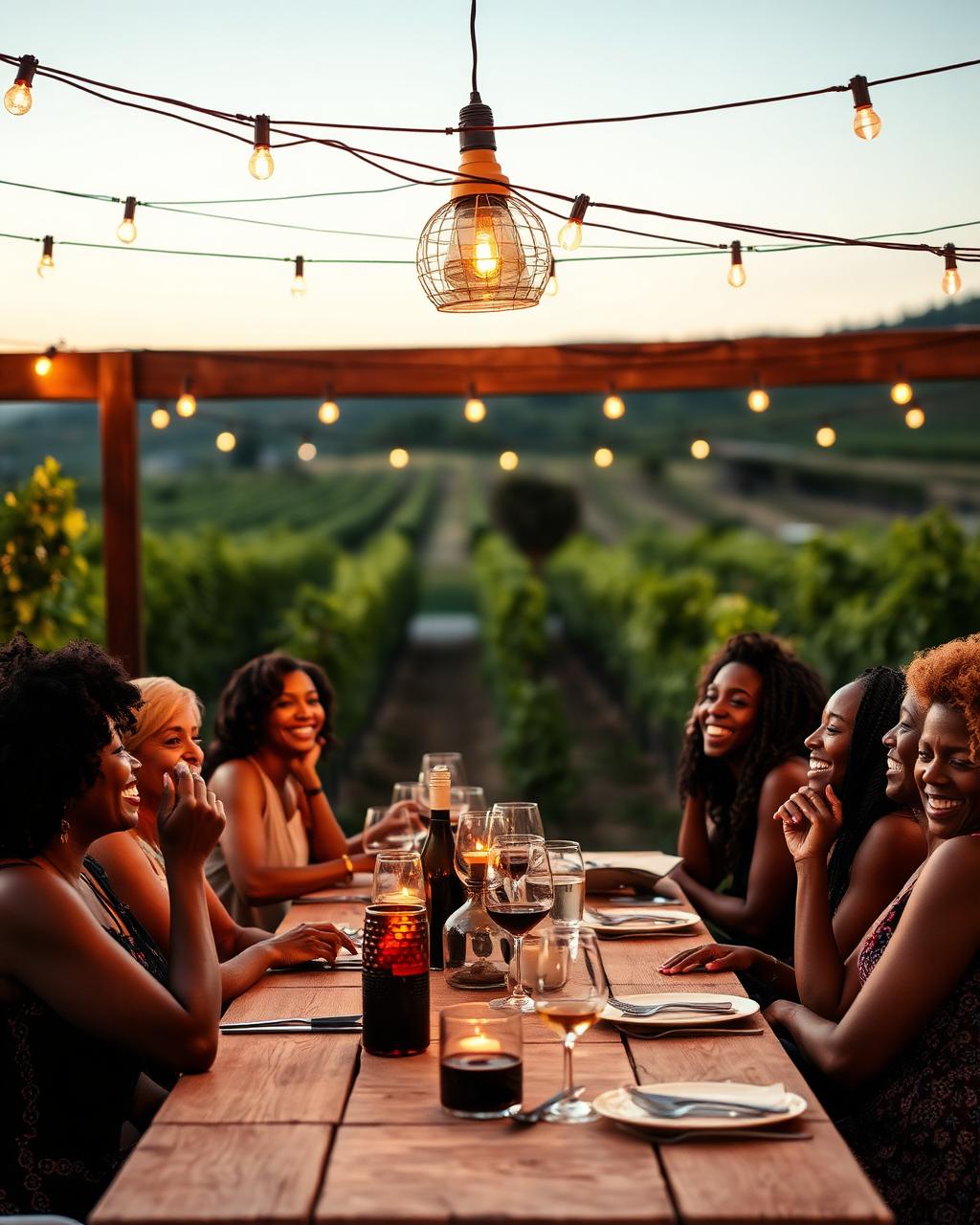 A group of women laughing around a long dinner table
